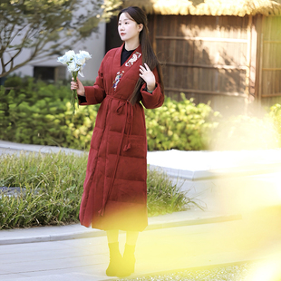 暖衣 手绣长棉衣外套冬 柑香素染真丝香云纱白鹅绒羽绒服加厚中式