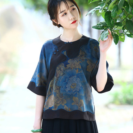 花想容 提花缎真丝香云纱重工中式上衣改良宽松衬衫圆领夏季新款