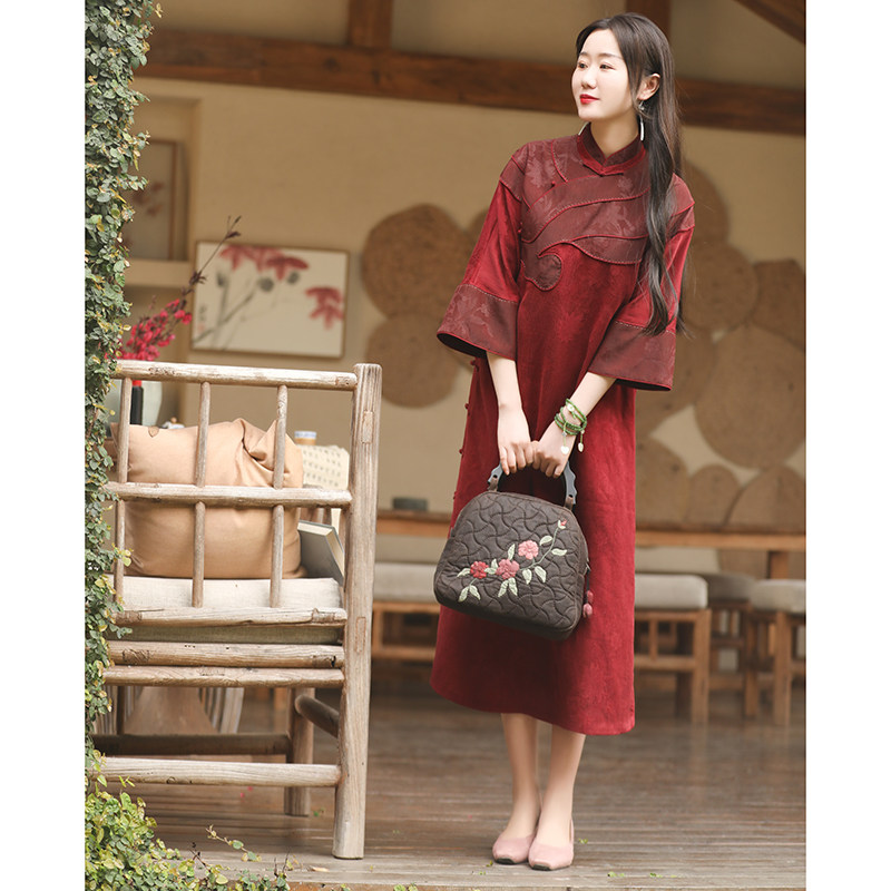 海棠 真丝顺纡绉香云纱连衣裙云肩古法大衫重工长袍女春夏款