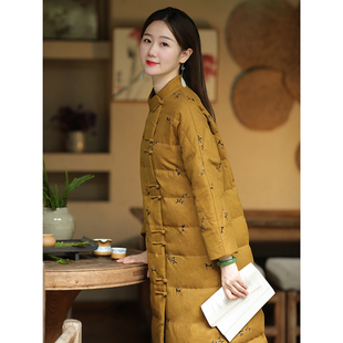 外套加厚冬 复古长款 暖冬 真丝绢纺香云纱40姆米羽绒服白鹅绒中式