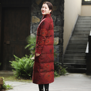 花颜 旗袍加厚长外套冬女 绢纺真丝香云纱羽绒服白鹅绒水貂毛中式