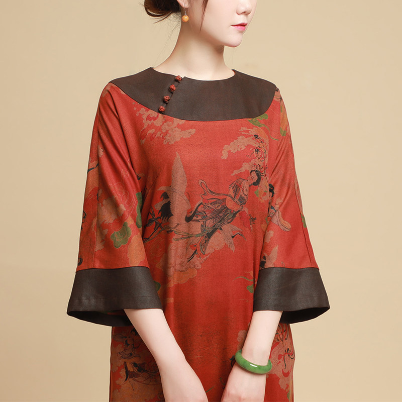 抚云 真丝香云纱复古长袍宽松斜襟套头连衣裙改良旗袍祥云仙子图