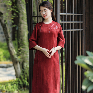 如梦令 真丝顺纡绉香云纱手绣连衣裙中式复古大码圆领长袍女夏款