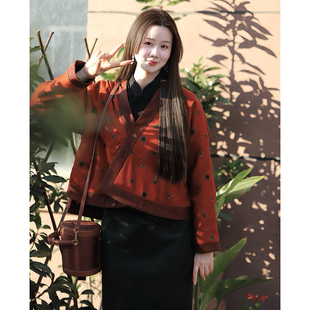 柑香素染【红豆】提花绢纺香云纱中式短外套国风复古棉衣外套24新