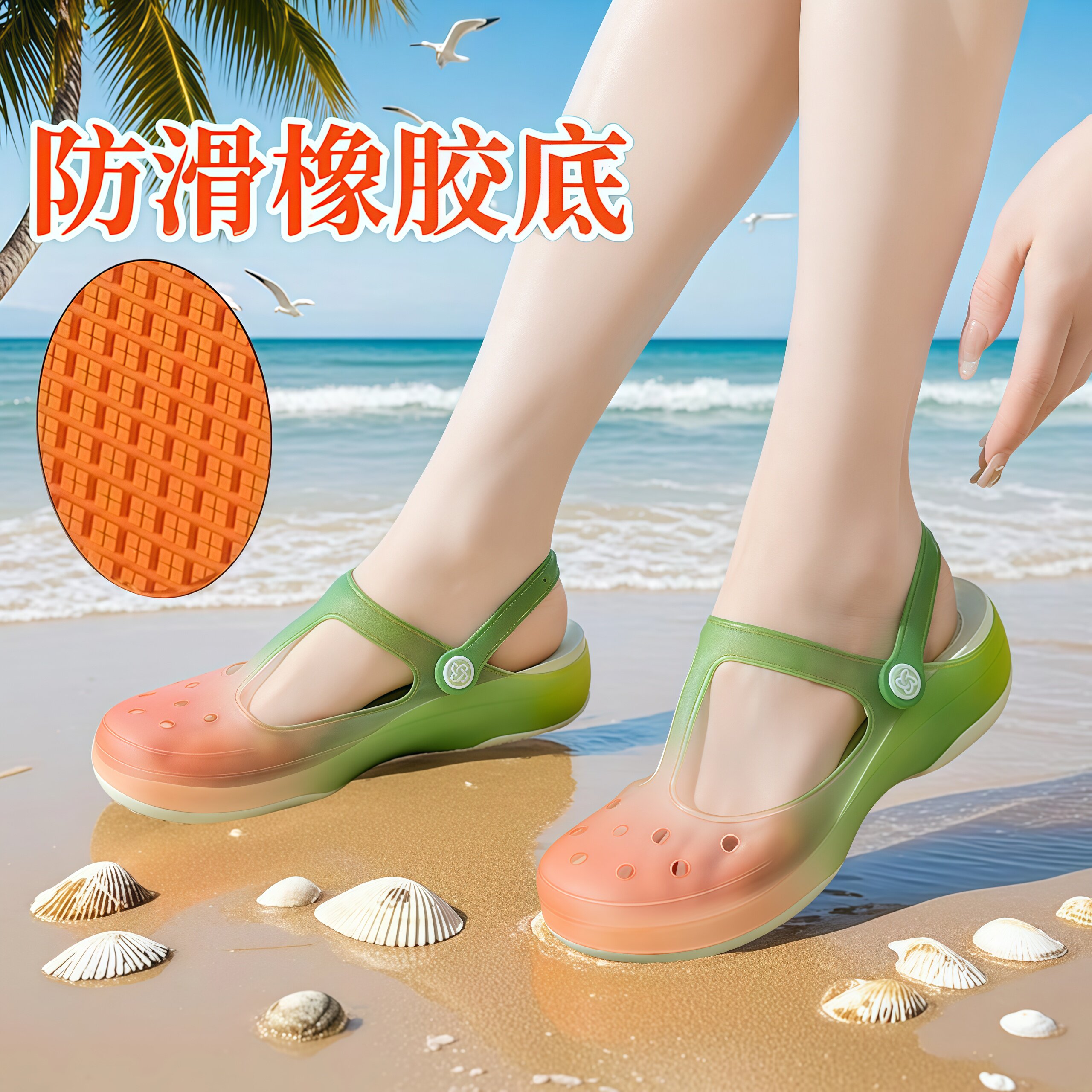 防滑沙滩洞洞鞋女2025年新款夏季外穿厚底软底踩屎感包头凉拖鞋女