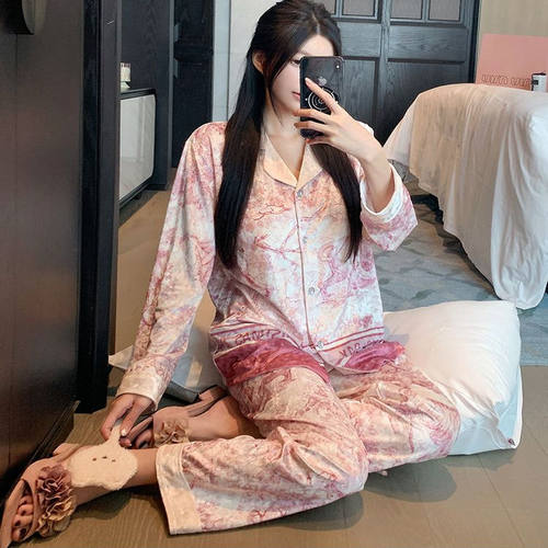 金丝绒轻奢粉色水墨画睡衣套装女