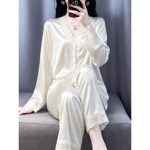 真丝长袖睡衣女薄款家居服套装