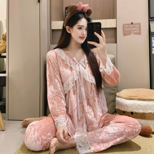 金丝绒纯色性感纯欲蕾丝边睡衣女