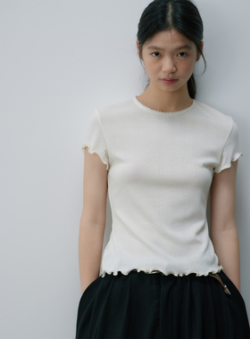 kani 法式正肩木耳边提花短袖t恤女修身花边领短上衣设计感小众