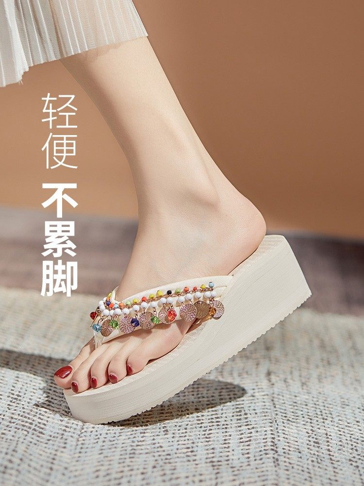 2024款夏季厚底松糕底民族风女士外穿拖鞋耐磨防滑海边沙滩人字拖