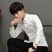 帅气男寸衫 衬衫 青年修身 韩版 男长袖 春秋纯棉休闲潮流格子衬衣秋季