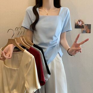 t恤夏季 不规则褶皱设计短袖 纯棉显瘦体恤上衣女200斤 胖mm新款 大码