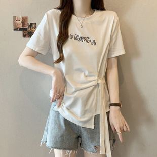 胖mm纯棉正肩显瘦女装 T恤200斤大码 上衣 绑带设计褶皱开叉短袖 夏季