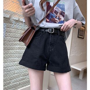 宽松a字显瘦阔腿翻边热裤 2025新款 女学生韩版 高腰牛仔短裤 子 夏季
