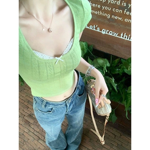 bm假两件纯欲风蕾丝打底衫内搭t恤女设计感短袖女款夏季绿色上衣