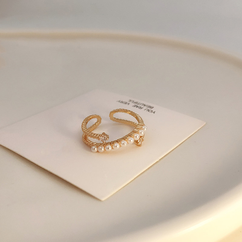 JAPANESE LIGHT LUXURY INDEX FINGER RING FEMALE COLOR GOLD PEARL ELEGANT INS COLD WIND DESIGN SENSE PERSONALITY OPENING ADJUSTABLE TIDE