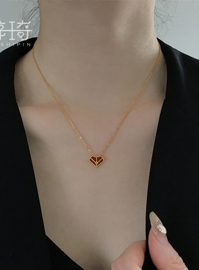 简约小众法式设计感ins冷淡风红色爱心项链女18K金色锁骨链网红潮