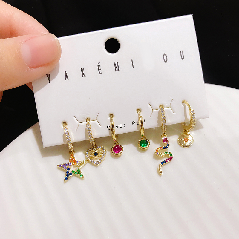 S925银新款彩钻星星小蛇耳饰套装
