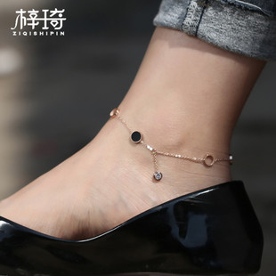 韩版 新款 简约百搭气质黑圆脚链女钛钢镀玫瑰金时尚 个性 潮学生闺蜜