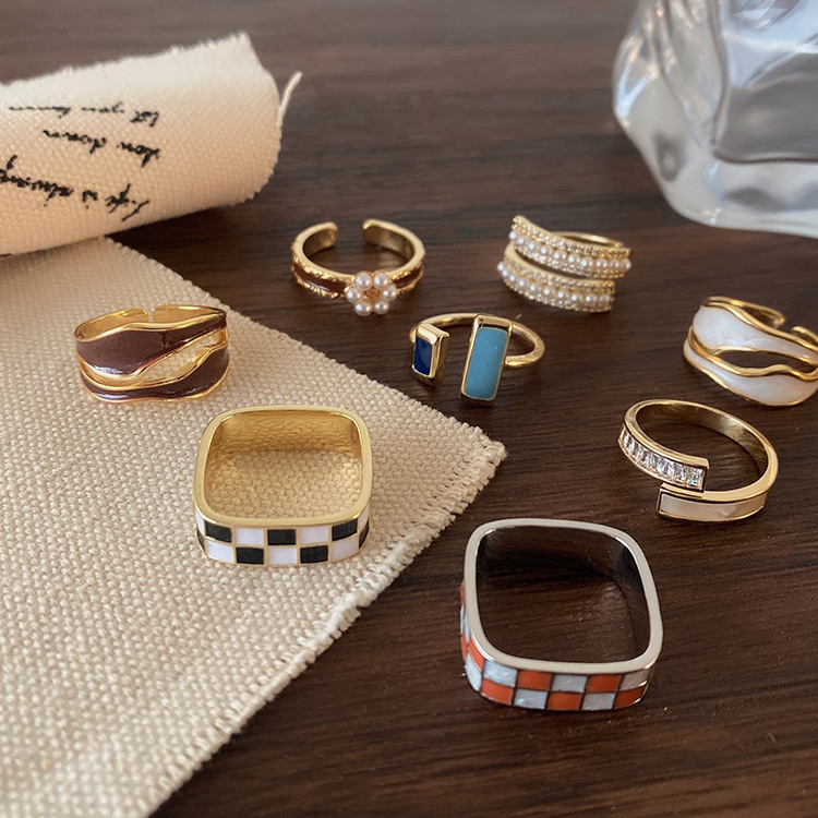 小众设计滴油棋盘格锆石珍珠贝壳开口戒指女韩国个性百搭气质指环