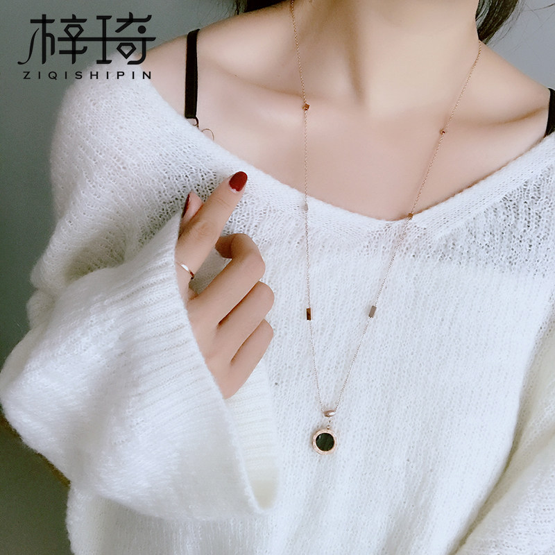 韩版钛钢玫瑰金精致毛衣链秋冬长款装饰项链女黑白双面时尚百搭