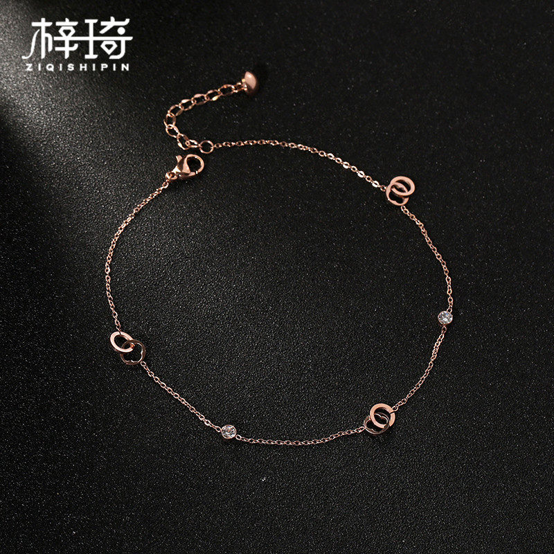 韩版简约时尚钛钢镀18K玫瑰金双环钻脚链女足链个性网红学生饰品