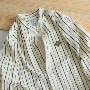 中国风小立领条纹长袖衬衫时尚复古休闲棉弹衬衣米黄白色外套帅气