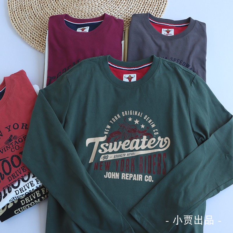 熟悉感觉男秋季长袖T恤纯棉打底衫卡通图案摩托车字母TEE磨毛长T