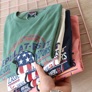 外贸男装尾货纯棉水洗磨毛长袖T恤21秋新款复古印花打底衫上衣潮