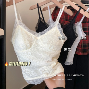 蕾丝吊带女内搭加绒背心带胸垫2025新款秋冬季保暖打底设计感上衣