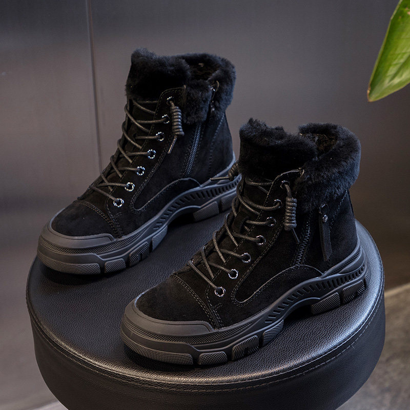 여성용 밀란 스튜디오  가죽 스노우 부츠 2024 가을 겨울 여성용 따뜻한 플러스 벨벳 마틴 부츠