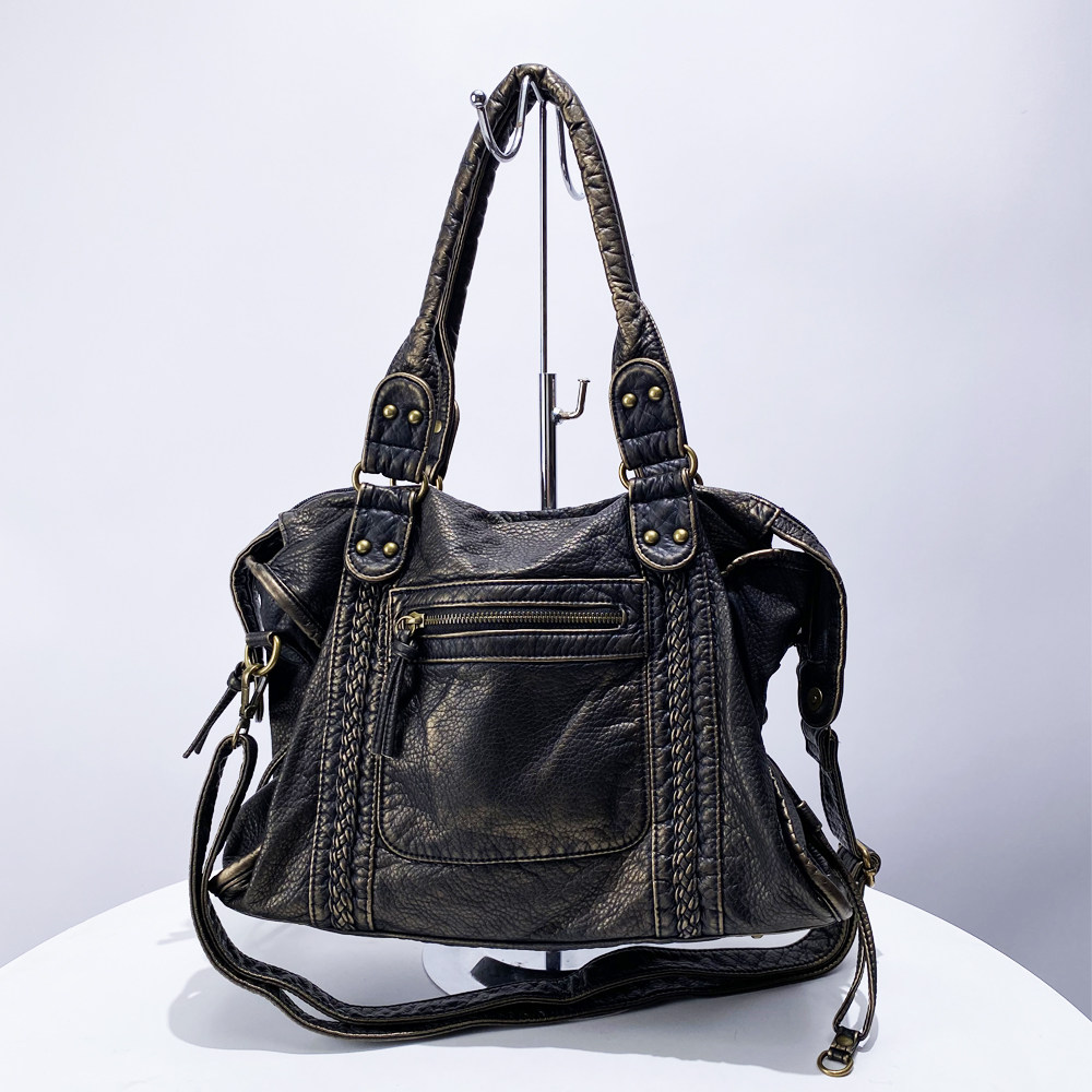 欧美复古机车包辣妹酷街包2024新款个性做旧铜色软单肩手提斜挎包