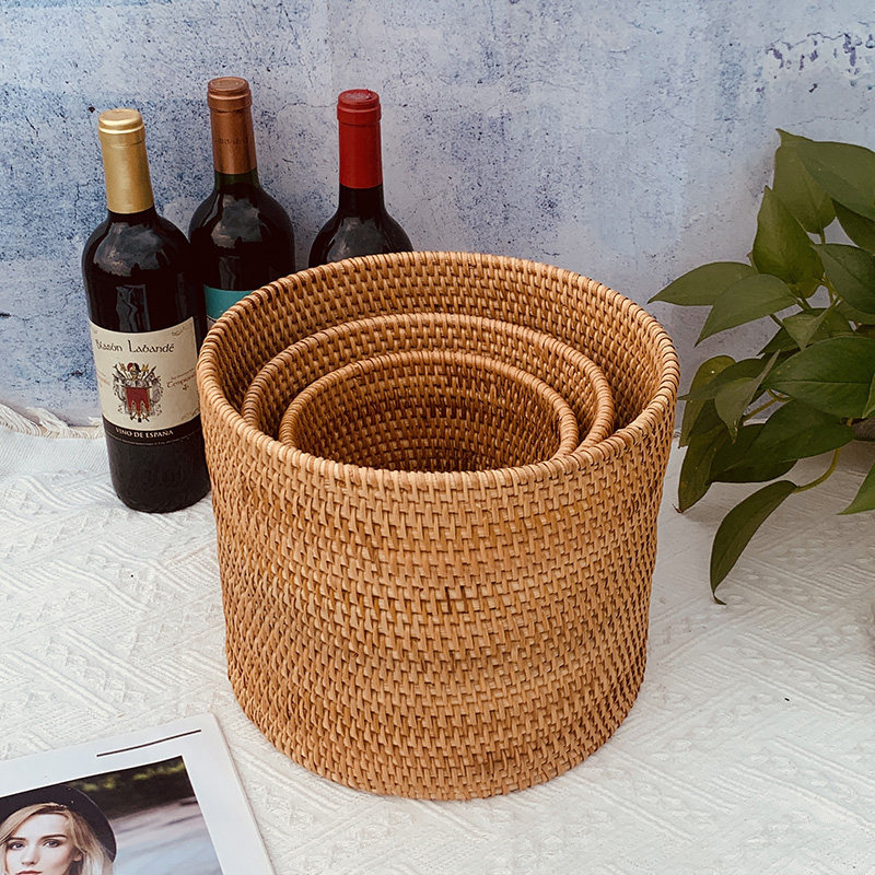 越南手工藤编家庭桌面垃圾桶圆形无盖收纳筒废纸篓杂物回收整理筐,收纳整理,收纳筐,淘宝优惠券,粉丝福利购,淘宝优惠卷