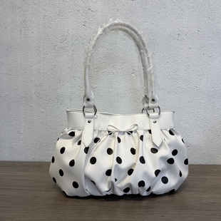外贸日本单休闲女包日系黑白波点蝴蝶结时尚简约皱褶手提包单肩包