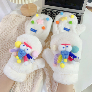 白色挂脖手套女冬季保暖加绒加厚东北防寒学生毛绒防冻可爱棉手套