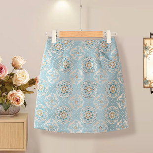 2025新中式复古宝花奔鹿蓝色A字半身裙女国风高腰包臀显瘦短裙子
