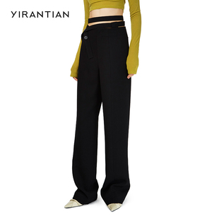 女 YIRANTIAN 设计休闲简约潮流修身 双层腰带宽松高腰休闲长裤