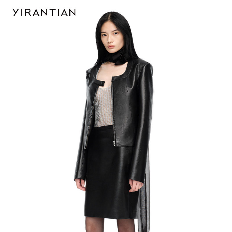 【YIRANTIAN】 设计感女士春款时尚简约短款U型领皮衣夹克外套
