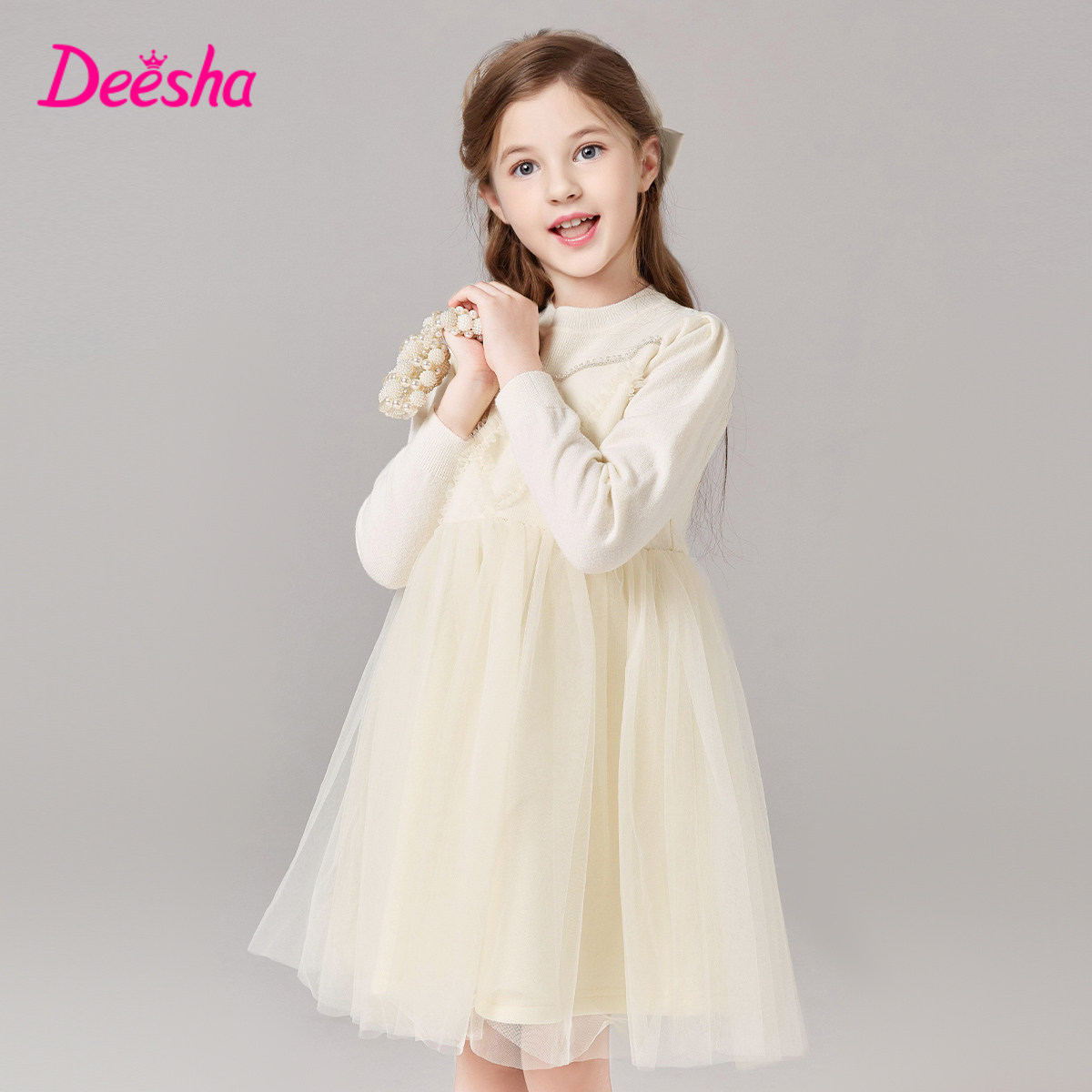 笛莎女童连衣裙2025秋冬装中大童儿童洋气毛衣加厚公主网纱裙子