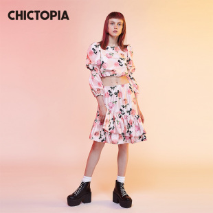 CHICTOPIA刘清扬原创设计早春粉底印花不对称甜美可爱清新半裙