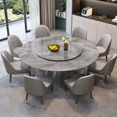 意式 酒店圆桌加厚岩板餐桌椅组合家用现代简约小户型圆形转盘饭桌