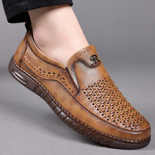 康奈官方正品夏季透气休闲男士皮鞋防滑软底爸爸鞋包头缝制洞洞鞋