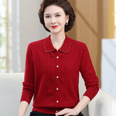 恒源祥100%纯羊毛衫外套毛衣女翻领新款春秋中老年人妈妈装针织开