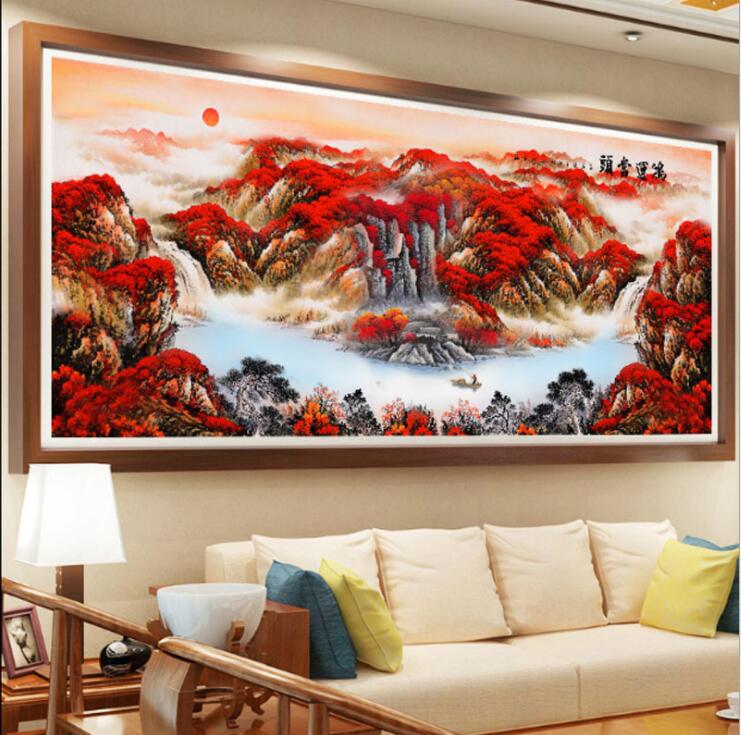 鸿运当头风景客厅串珠绣山水画