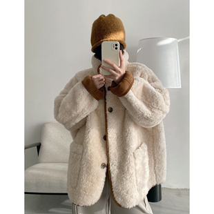 加厚全羊羔毛麂皮双面可穿保暖外套 新款 sun柚 两面穿翻领秋冬季