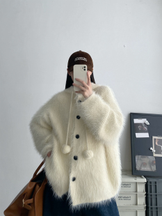 宽松休闲高级感 糯连帽水貂绒针织毛衣外套女秋冬开衫 清仓价