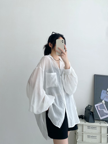 微透灯笼袖慵懒随意宽松防晒衬衫