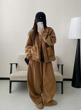 sun柚 焦糖灯芯绒宽松圆领系扣外套休闲松紧腰中线阔腿长裤短外套