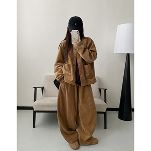 sun柚 焦糖灯芯绒宽松圆领系扣外套休闲松紧腰中线阔腿长裤短外套