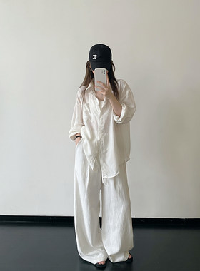 亚麻衬衫套装女春秋二件套